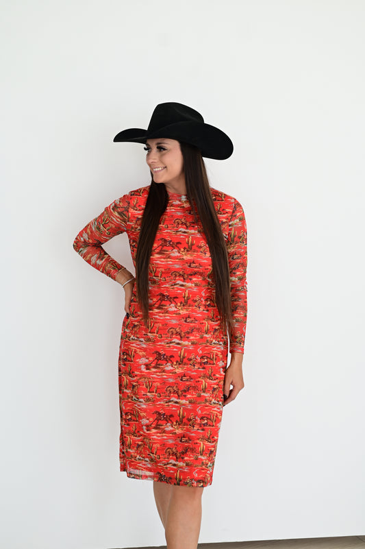 TH1301 S101 RED WESTERN MESH ALINE DRESS (1 Piece)