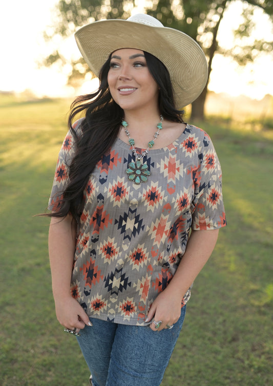 1502 RUST AZTEC CREW PRINT TOP (7 Piece)