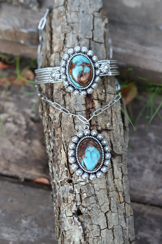 0806 HH134 TURQ AND BROWN STONE SILVER NL