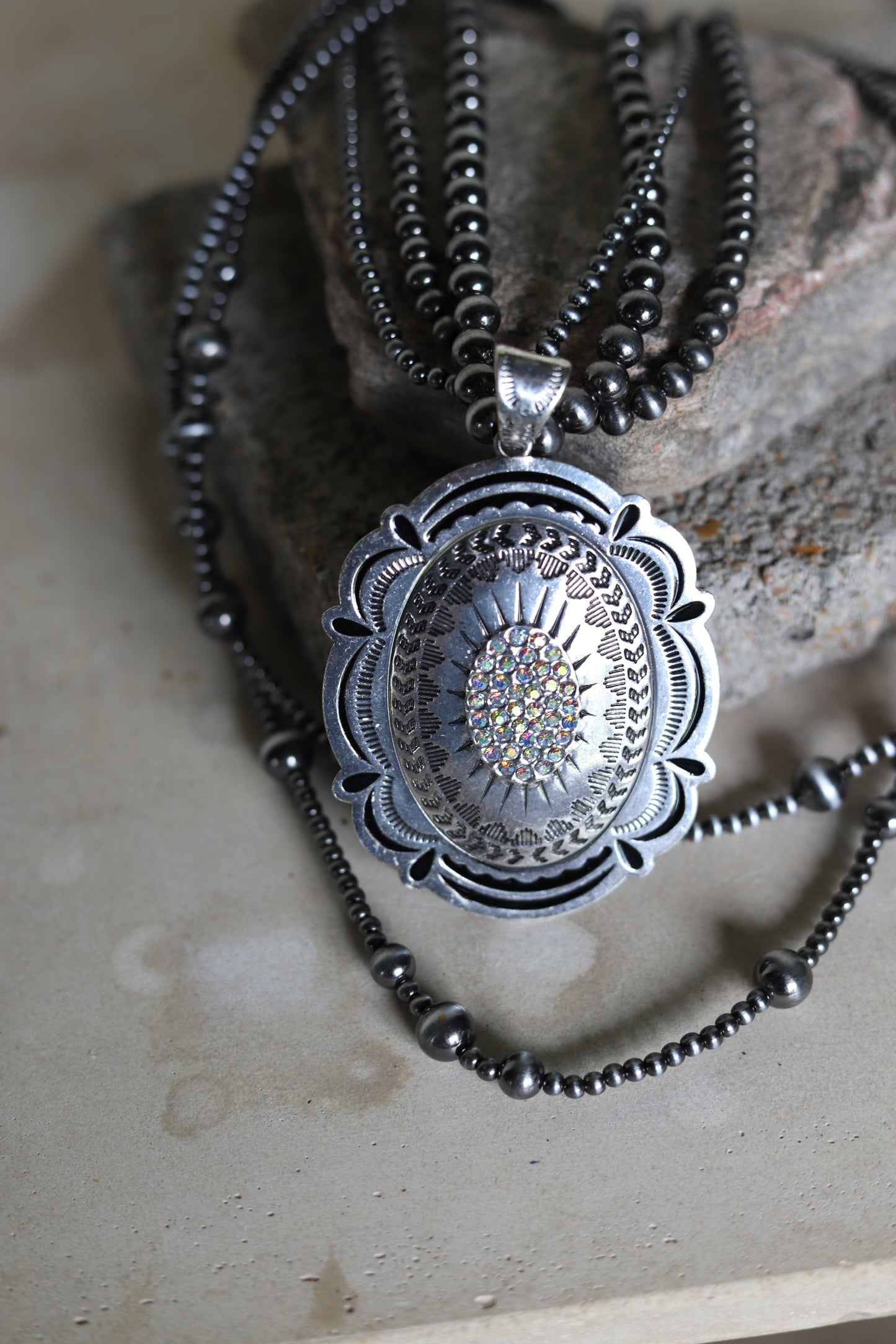 0730 T15 3 STRAND FAUX SILVER BEAD NL W/ WESTERN PENDANT