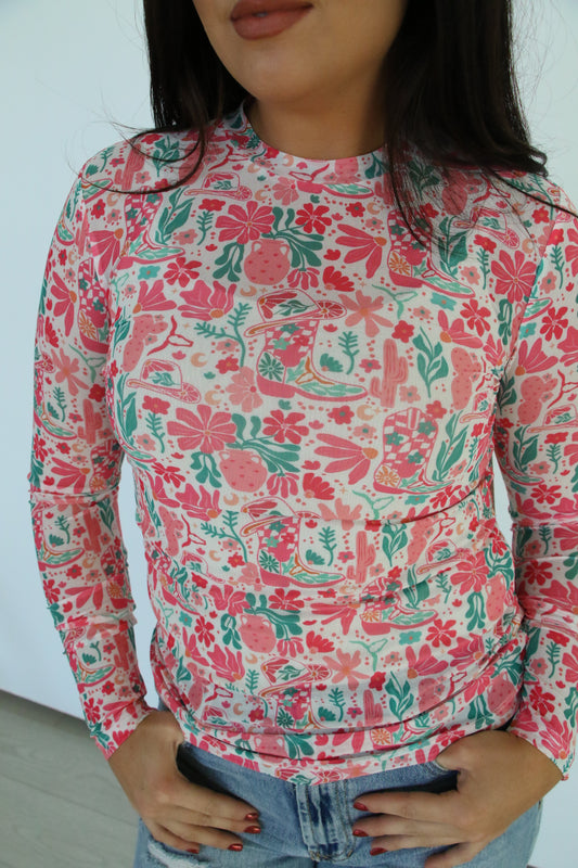 TH1221 PINK BOOT BOHO MESH TOP(7 Piece)