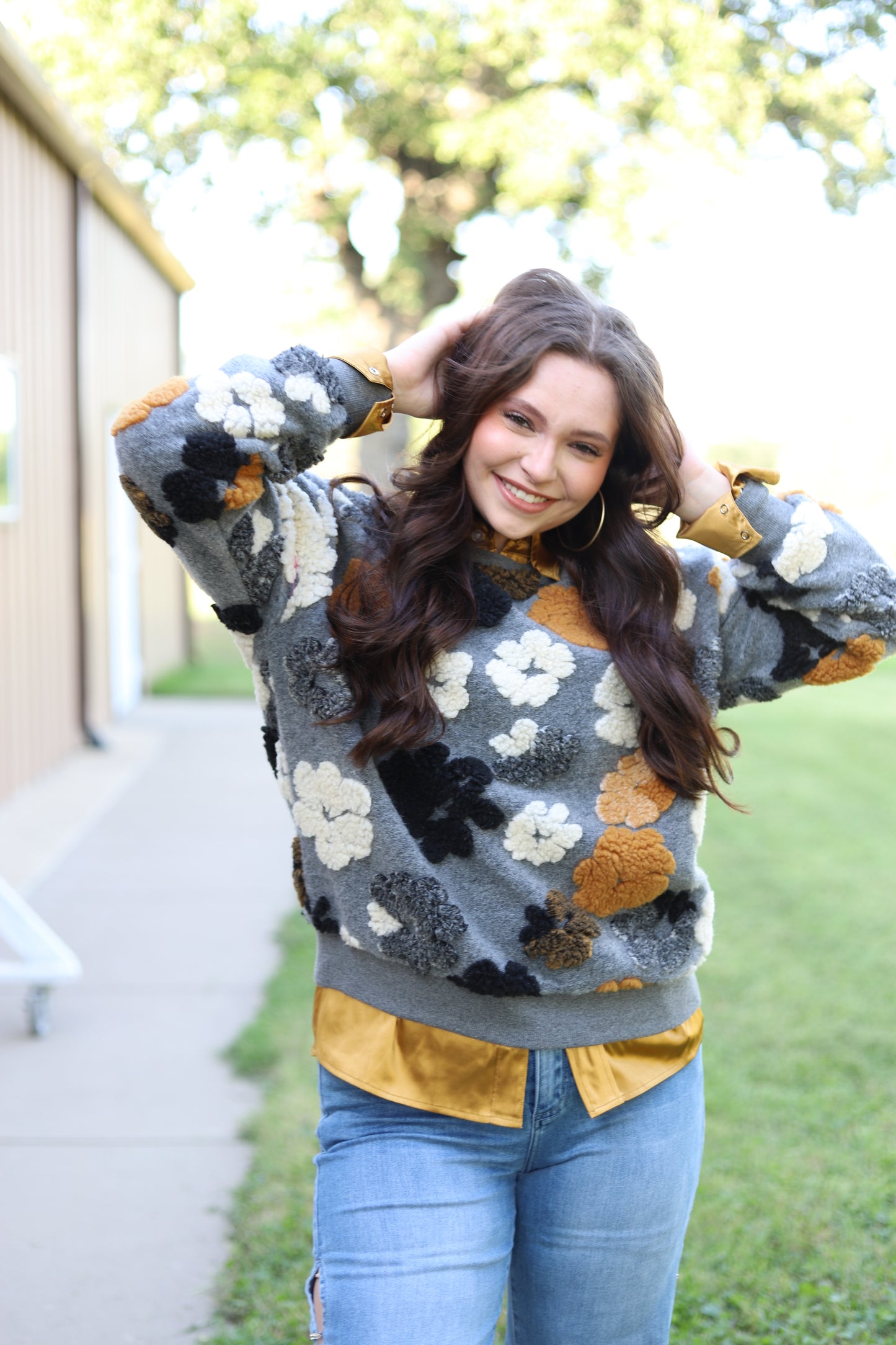 TH1117 GREY PUFF FLOWER SWEATER (1 PIECE)