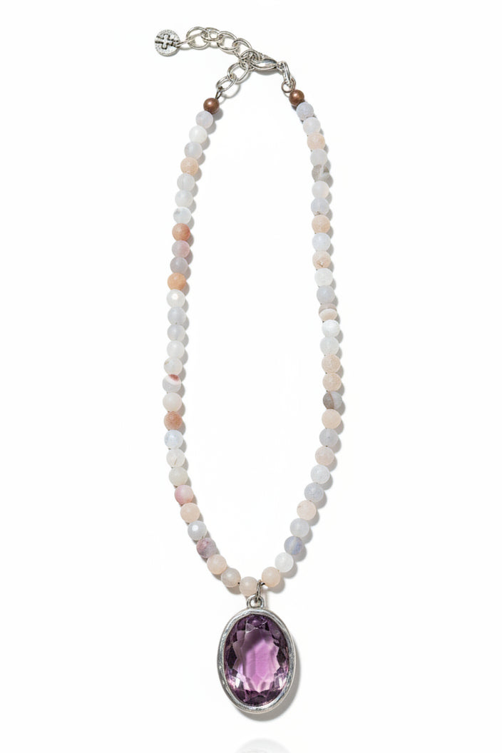 102112 MULTI BEAD NL OVAL CRYSTAL PENDANT