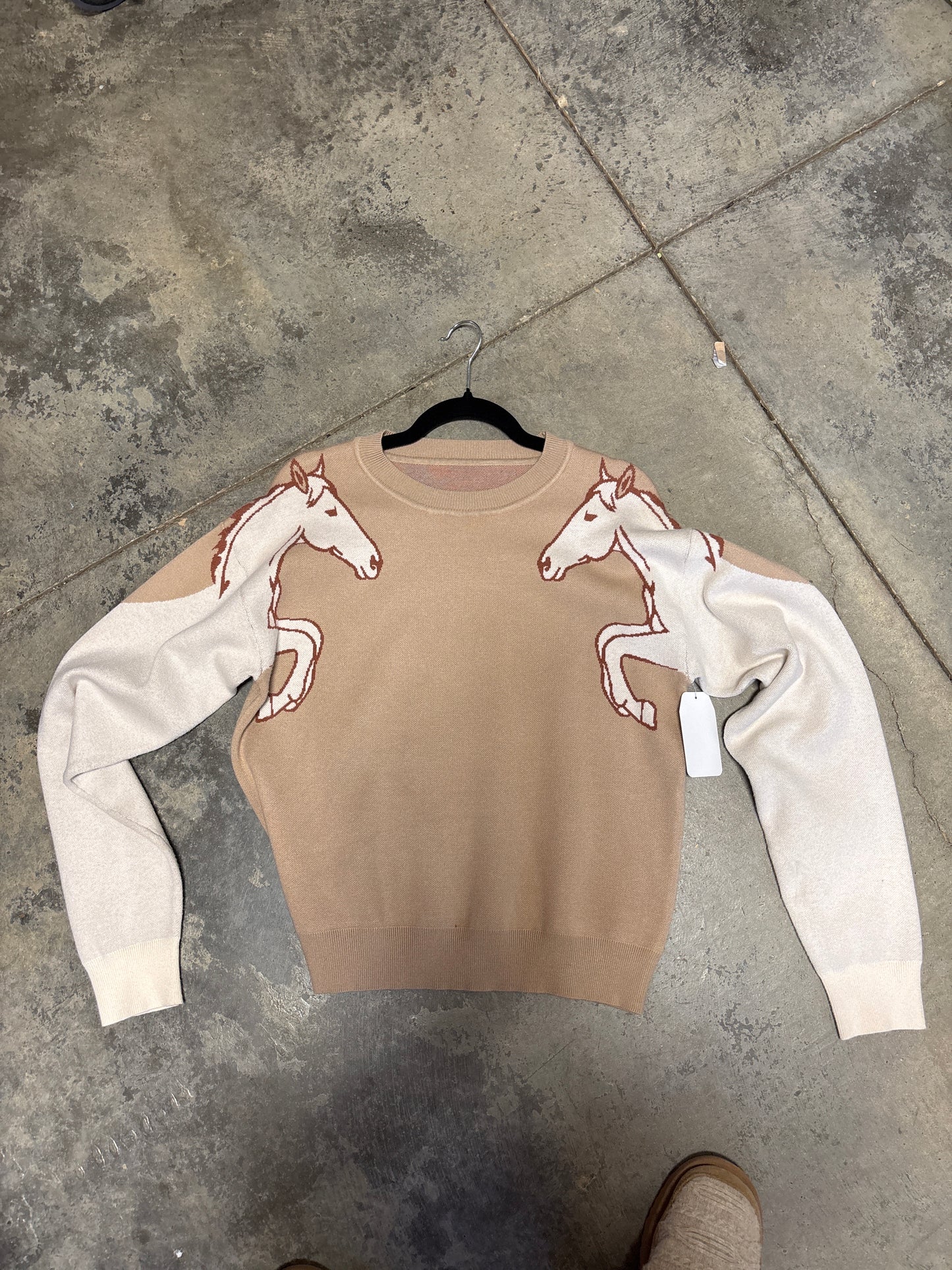 TH219 TAN DOUBLE HORSE SHOULDER SWEATER