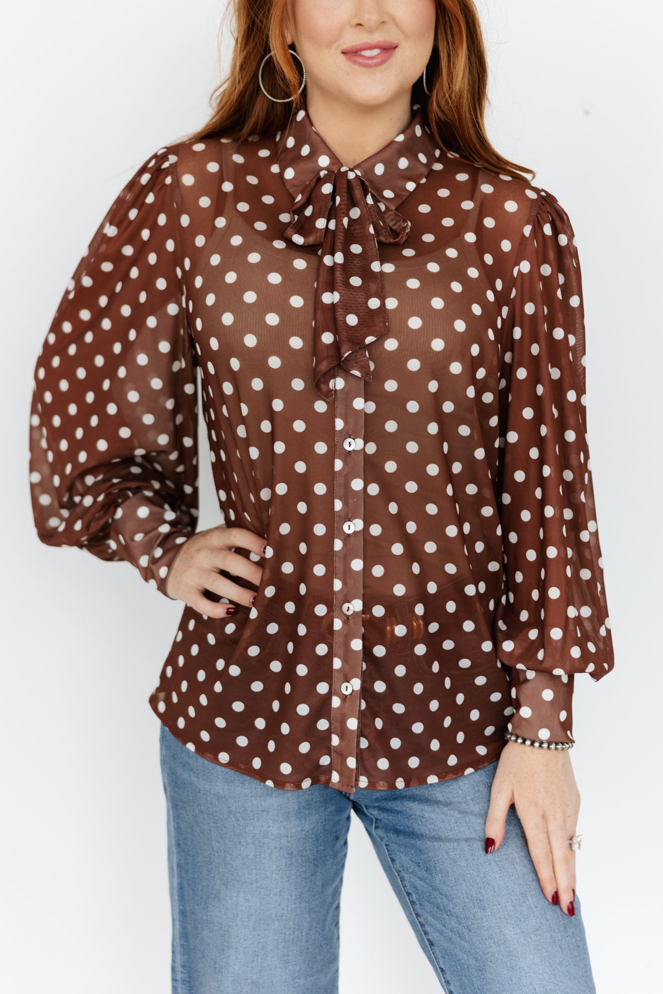 TH2820 BROWN POKA DOT MESH TIE TOP (7 PIECES)