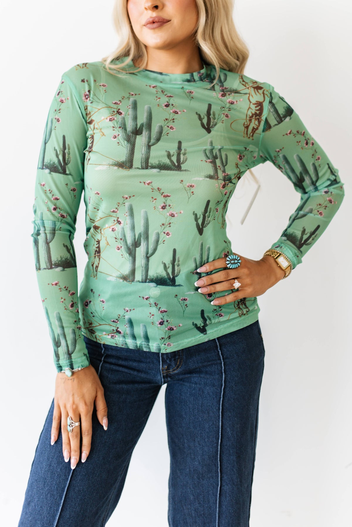 TH1221 GREEN FLORAL CACTUS MESH TOP (7 PIECES)
