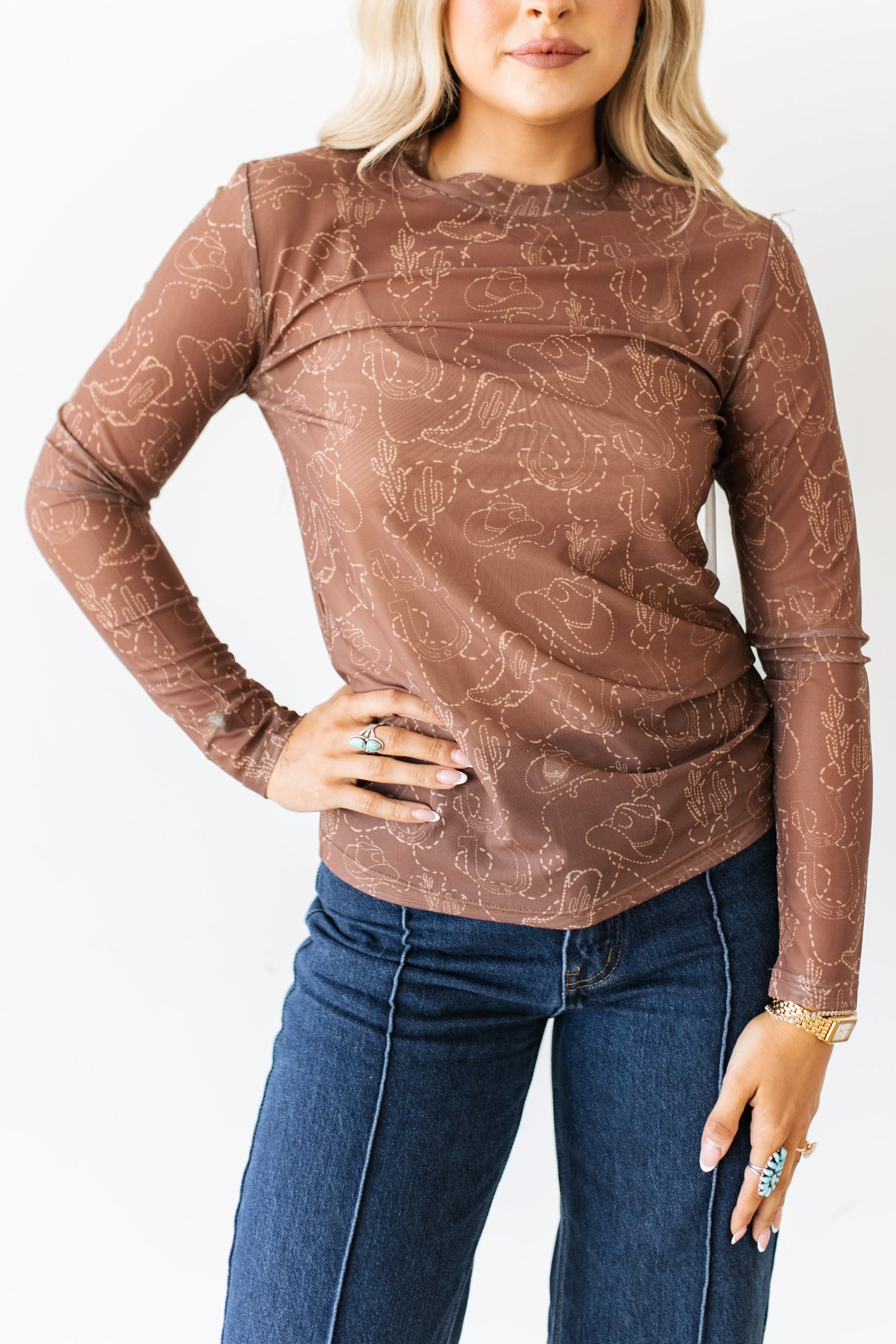 TH1221 S305 BROWN WESTERN STITCH MESH TOP (1 Piece)
