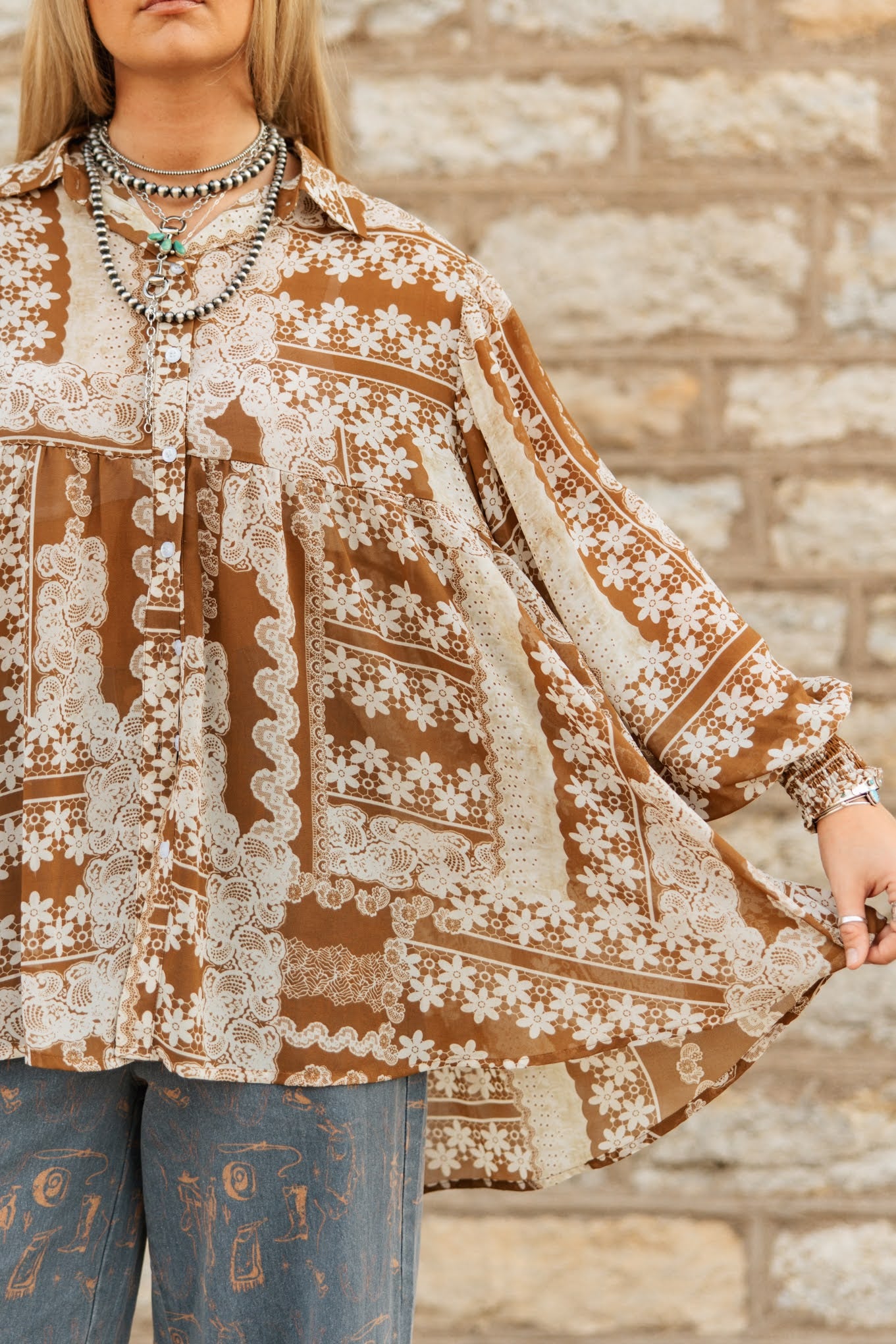 TH2776 BROWN LACE CHIFFON TOP (7 PIECE)