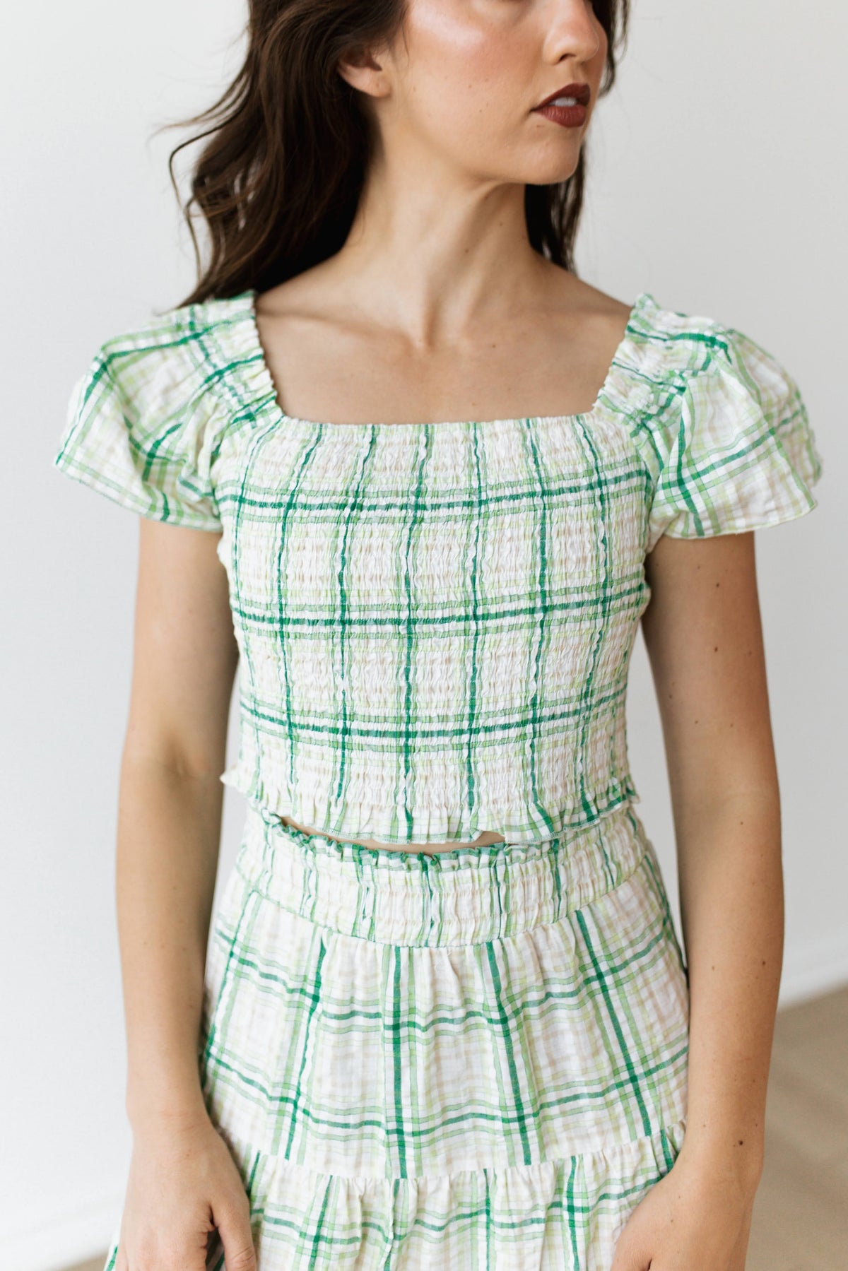 TH2303 GREEN PLAID PLAID SMOCKED TOP
