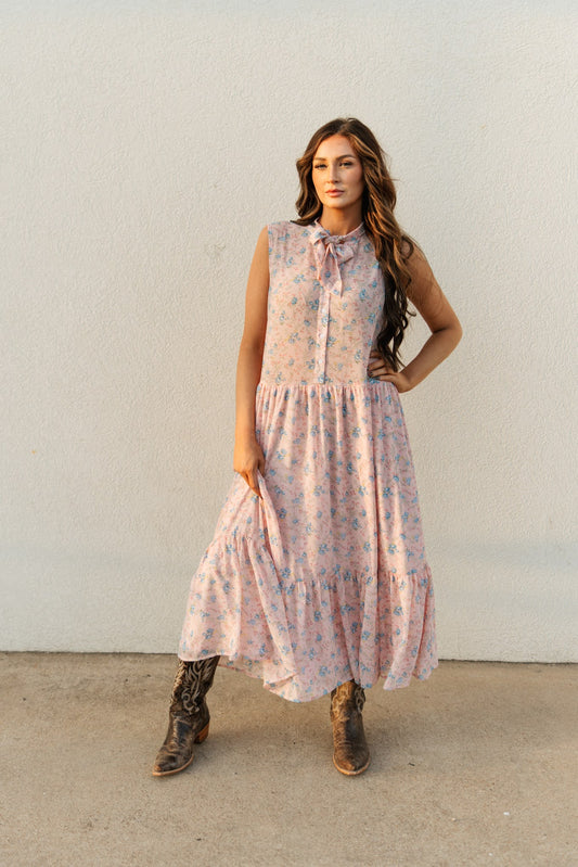 TH6210 PINK FLORAL TIE DRESS