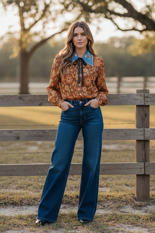 TH2882 RUST FLORAL DENIM COLLAR PEARL SNAP TOP(7 Piece)