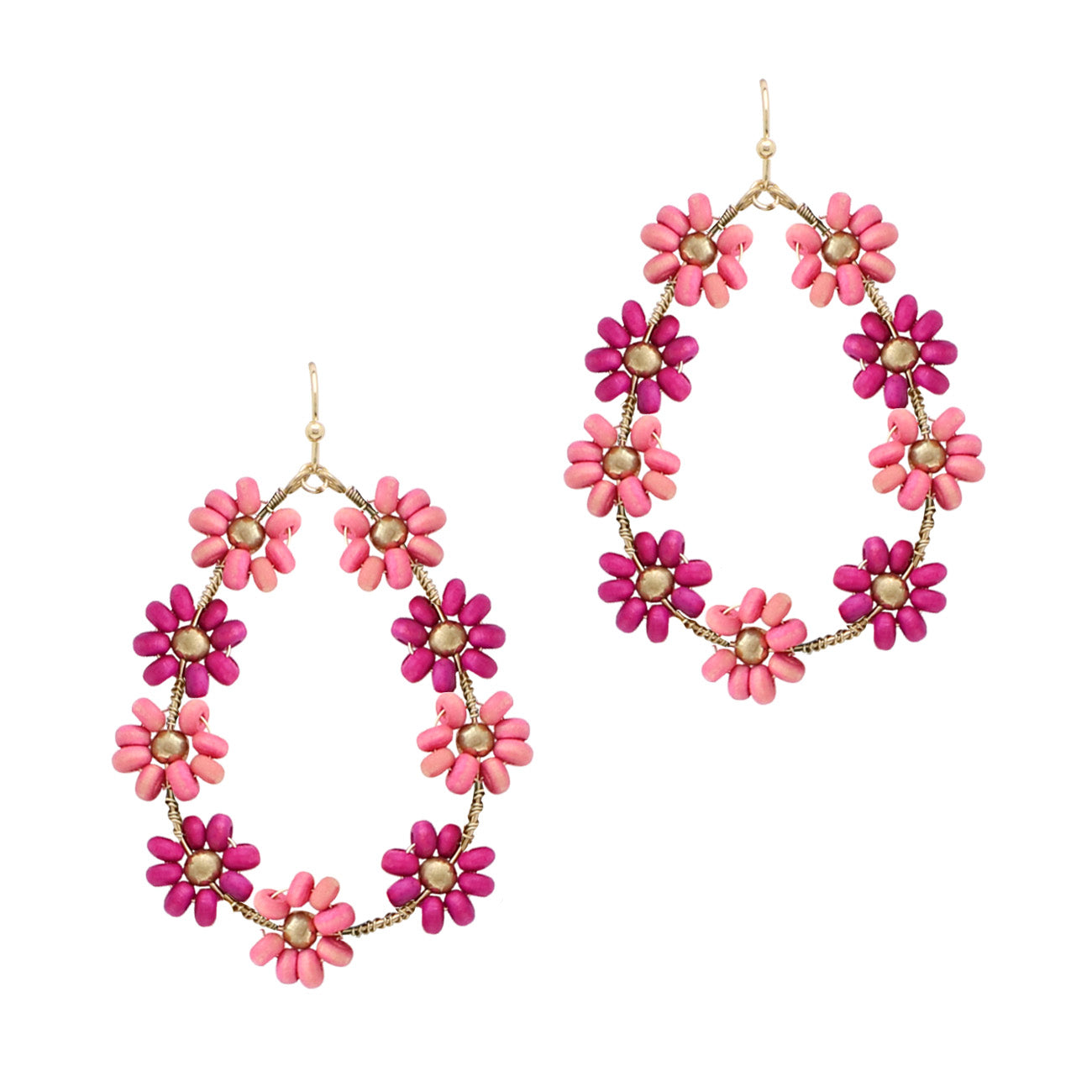 4037 T38 FUCH TEARDROP WOOD FLOWER EARRINGS FUCHSIA