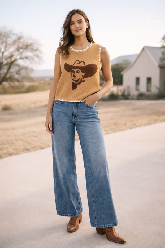 TH4215 TAN BIG HAT COWBOY SWEATER VEST