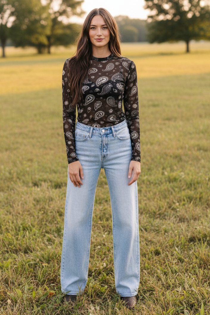 TH1221 S184 BLACK WHITE PAISLEY MESH TOP (1 Piece)