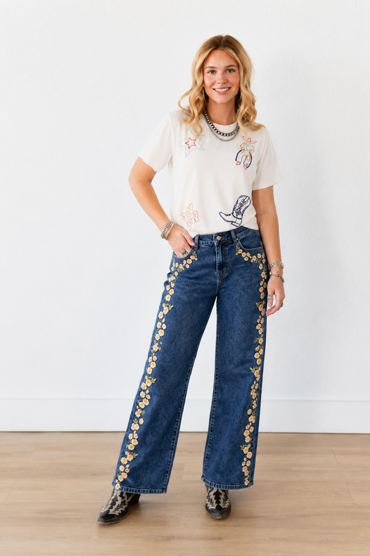 TH017 IVORY FLORAL EMBROIDERY JEAN (7 PIECES)