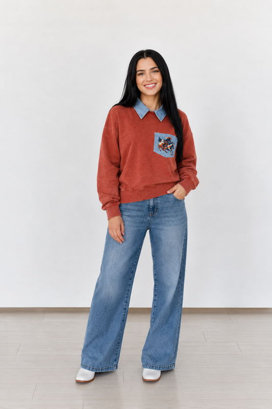 TH2606 RUST COWBOY DENIM COLLAR SWEATSHIRT (7 PIECE)