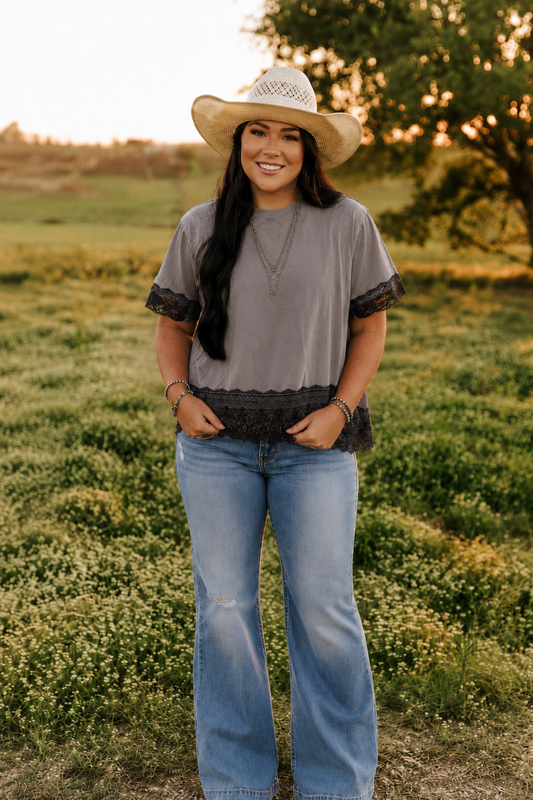 TH370 VINTAGE BLK WASH WITH LACE TRIM TEE (7 PIECE)