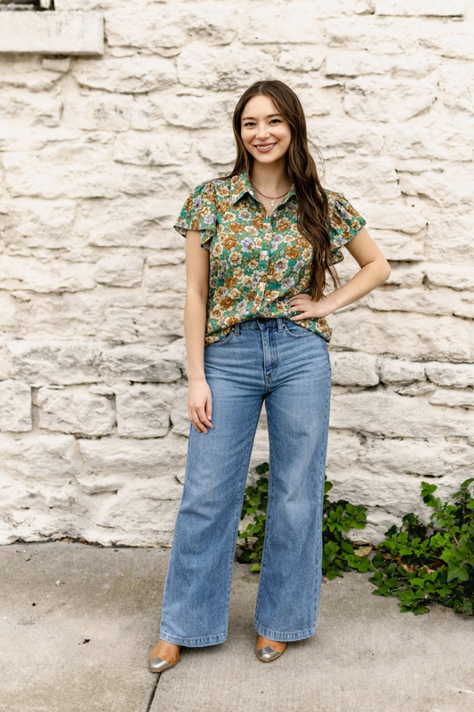 TH199 GREEN FLORAL FLUTTER SLEEVE
