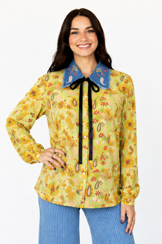 TH2882 LIME PAISLEY COLLAR PEARL SNAP TOP(7 Piece)