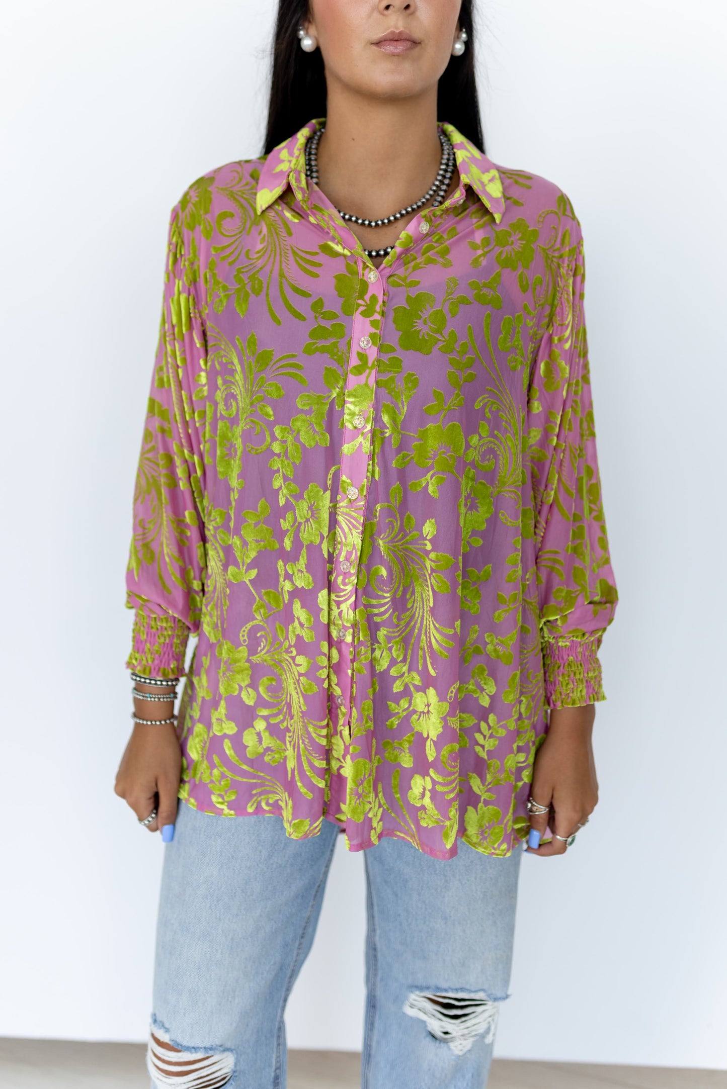 TH2776 PINK LIME VELVET BOHO BLOUSE (7 Piece)