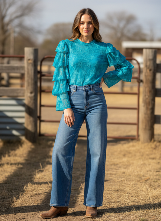 TH70 TURQ LACE RUFFLE TOP (7 Piece)