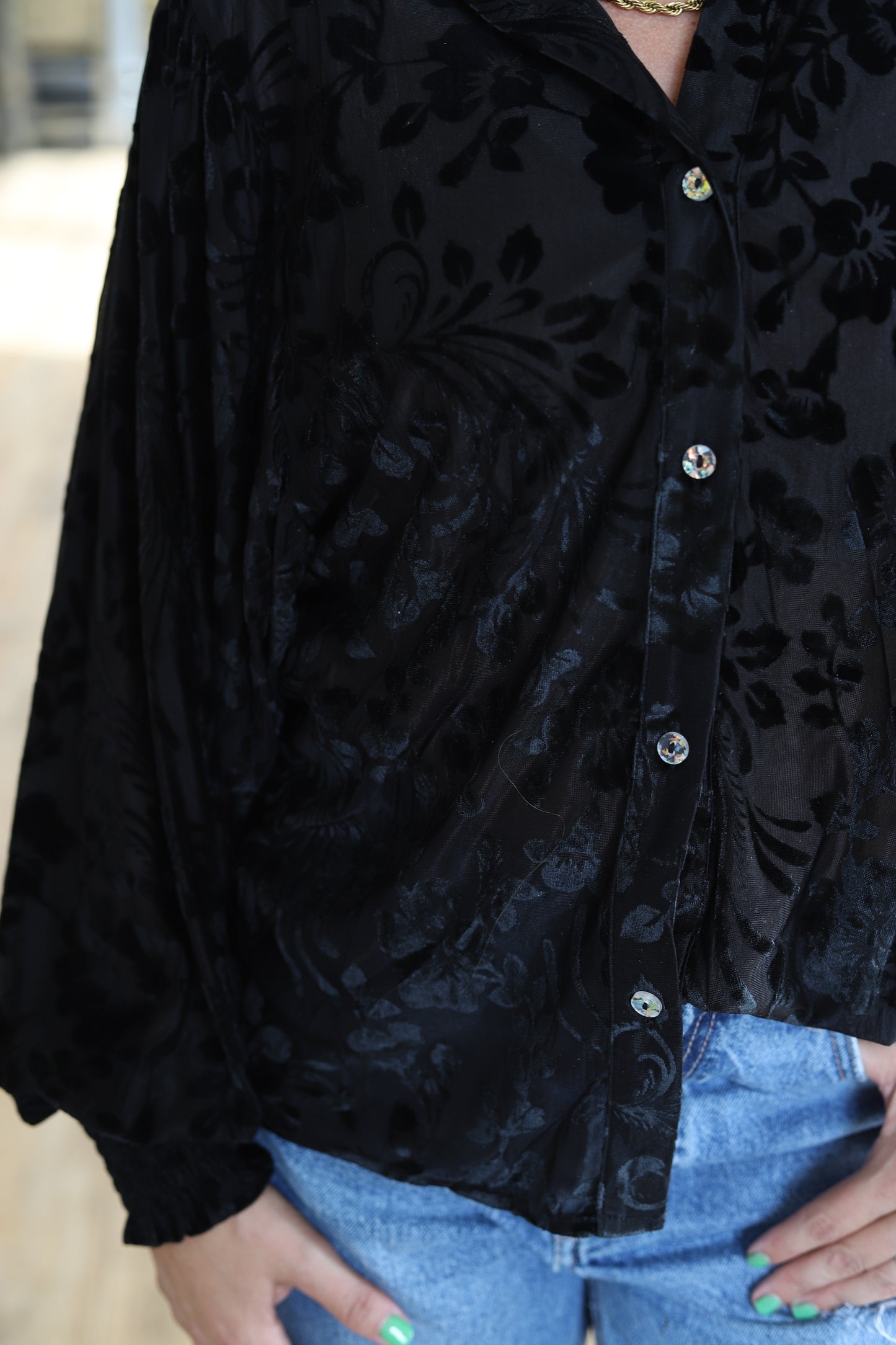 TH23 S179 BLACK VELVET DROP SLEEVE BLOUSE (1 PIECE)