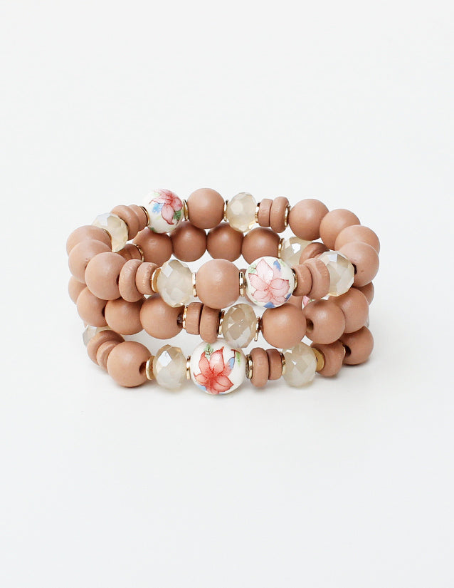 2476 R2-73 Neutral Floral Beaded Stretch Bracelet Set