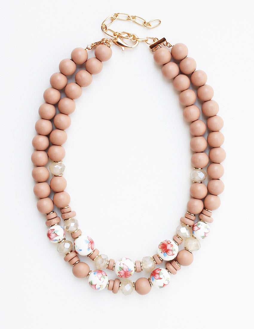6593 R2-98 Layered Neutral & Floral Beaded Necklace