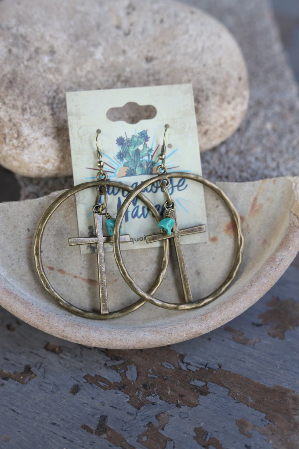 82327 R3-103 HOOP CROSS AG EARRINGS W/ TURQ DANGLE