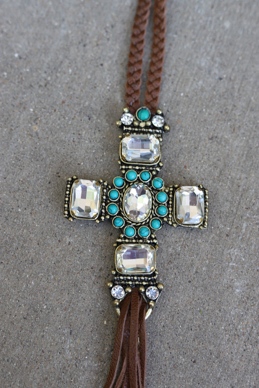 1141 S5 CRYSTAL LARGE CROSS ON BRAIDED NECKLACE