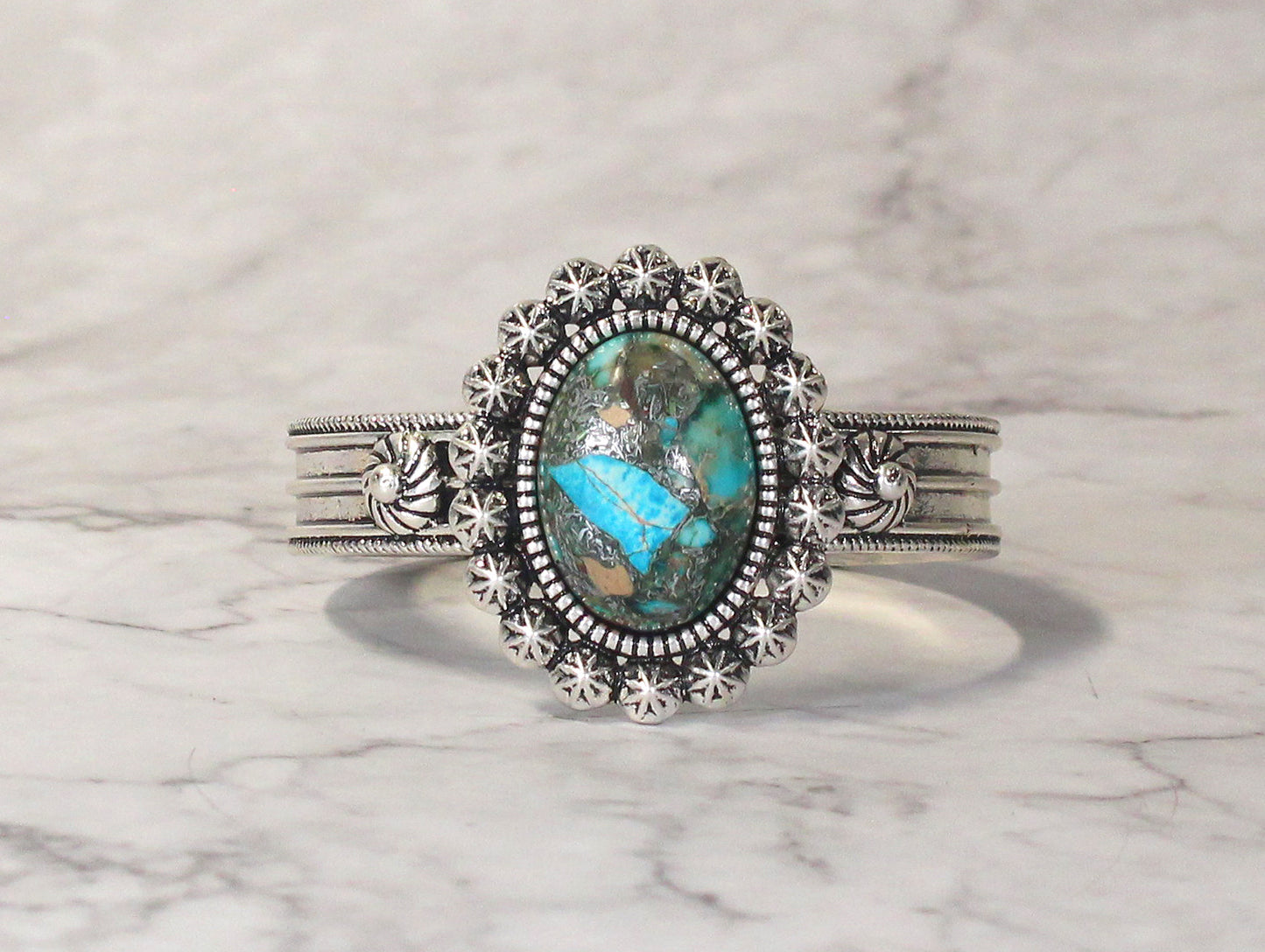 0733 R4-86 Silver-Tone Cuff Bracelet with Oval Faux Turquoise Center