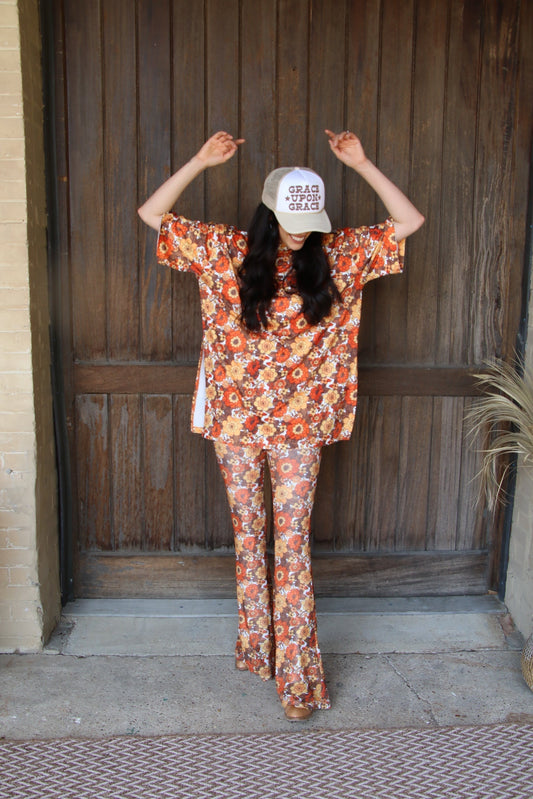 9001 S208 ORANGE FLORAL MESH BELL PANTS (1 Piece)