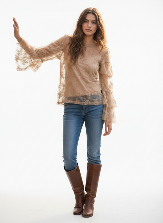 TH70 TAN Lace Sleeve Ruffle LACE TOP (7 Piece)