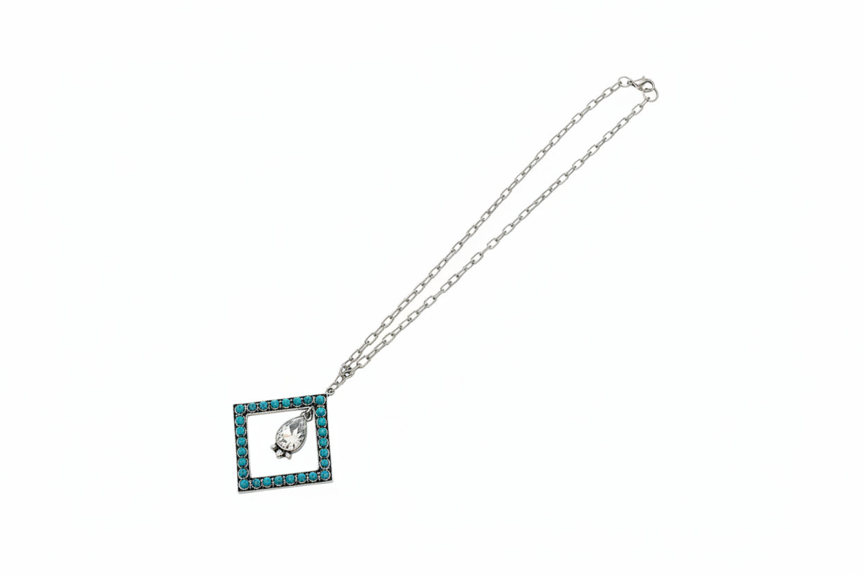 Diamond Turquoise W/ Center Crystal on Chain 18"