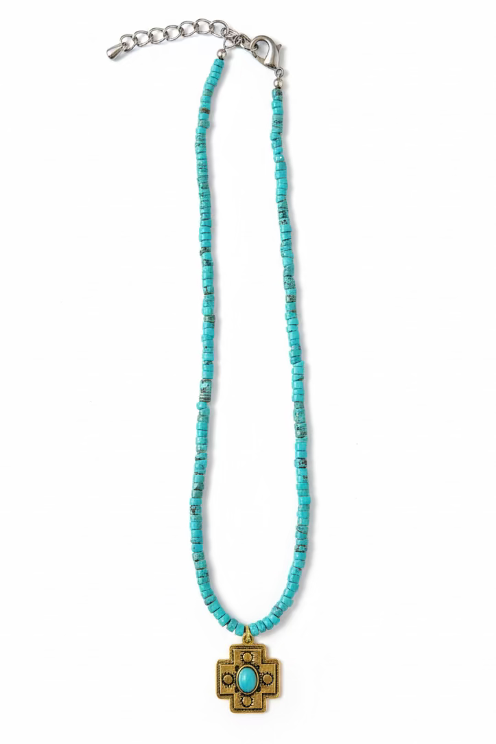 MINI TURQ BEAD NL GOLD CROSS PENDANT