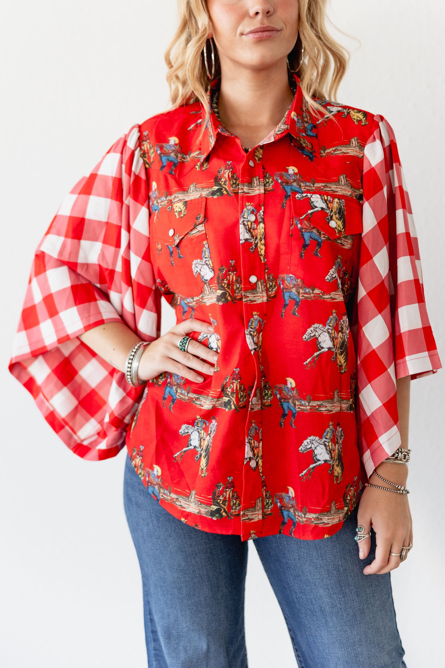 TH102 RED WHITE GINGHAM WESTERN TOP (7 Piece)