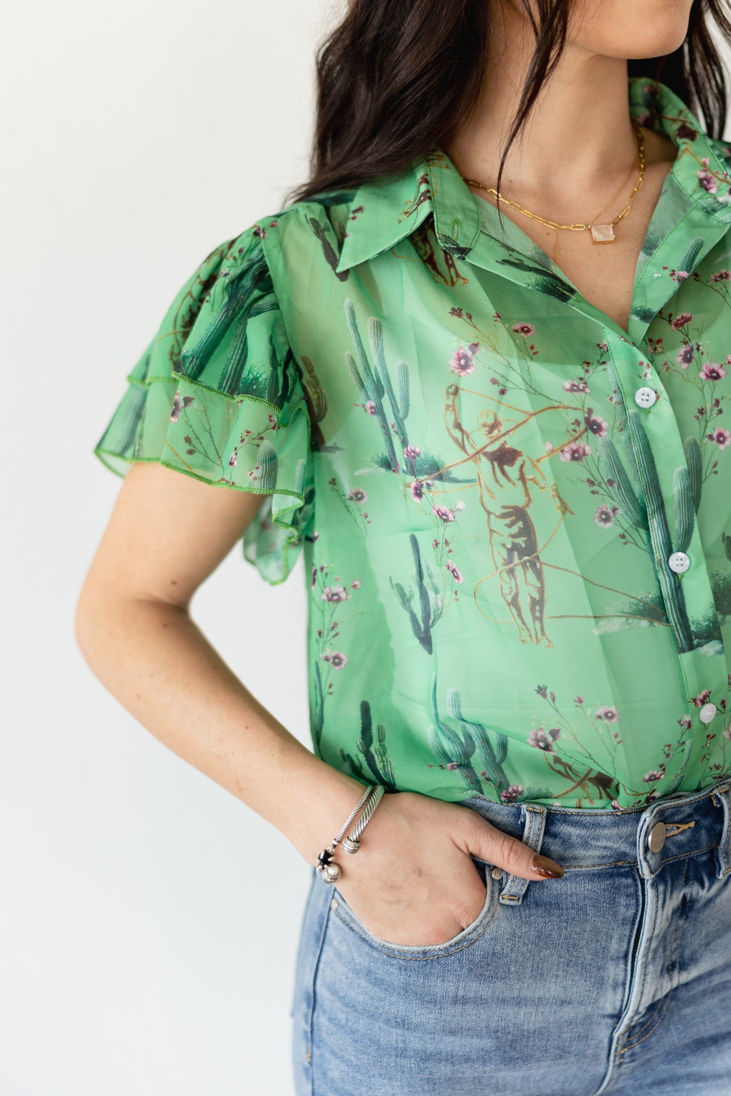 TH198 GREEN ROPING COWBOY CACTUS DOUBLE FLUTTER BLOUSE (7 Piece)
