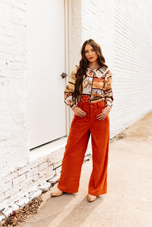 TH225 RUST CORDUROY WIDDED LEGGED CROPPED TROUSER PANT( 7 Piece)