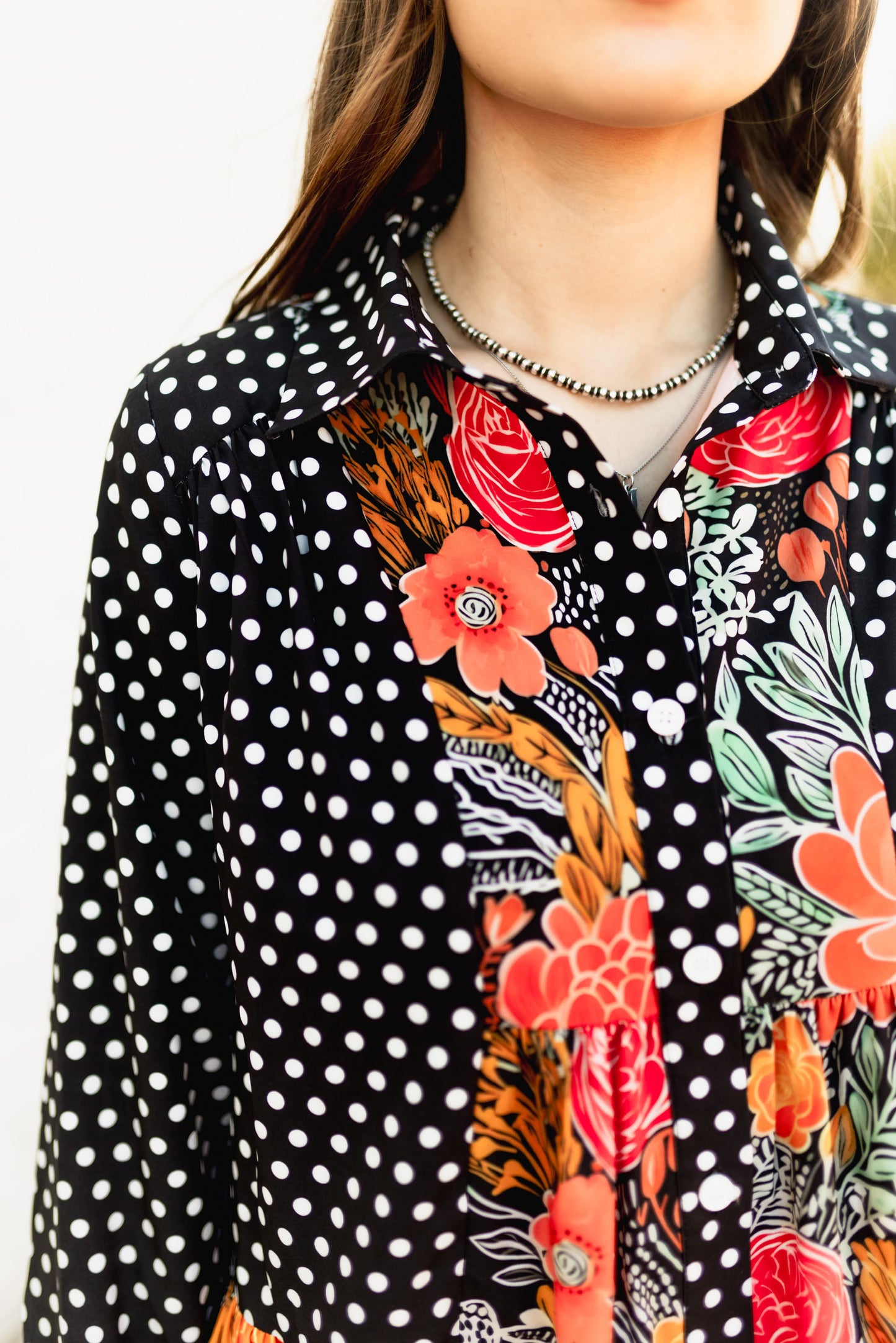 TH22603 BLACK POKLA DOT WITH FLORAL RUFFLE TOP (7 Piece)