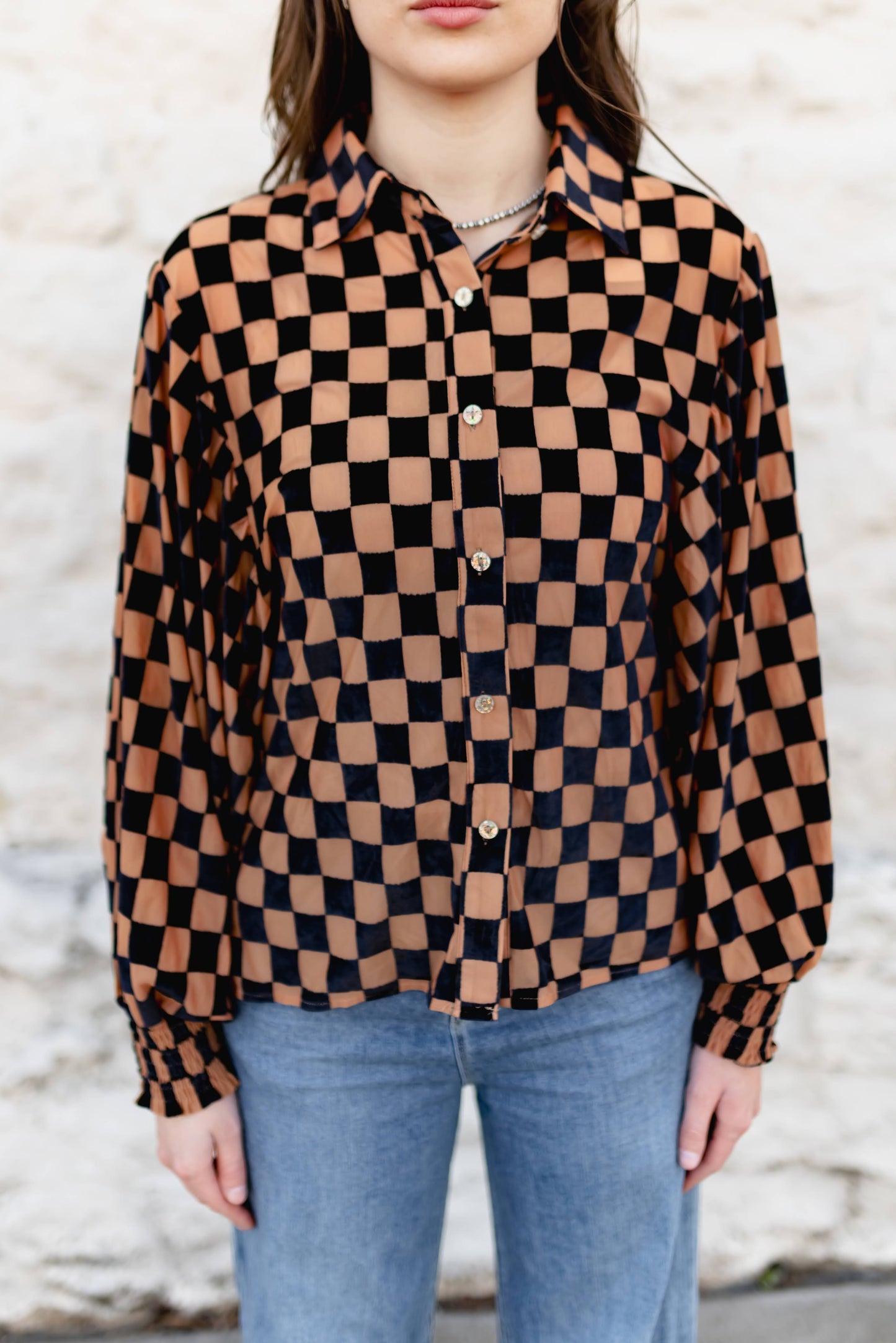 TH23 BLK NUDE CHECKER BURNOUT TOP (7 PIECES)