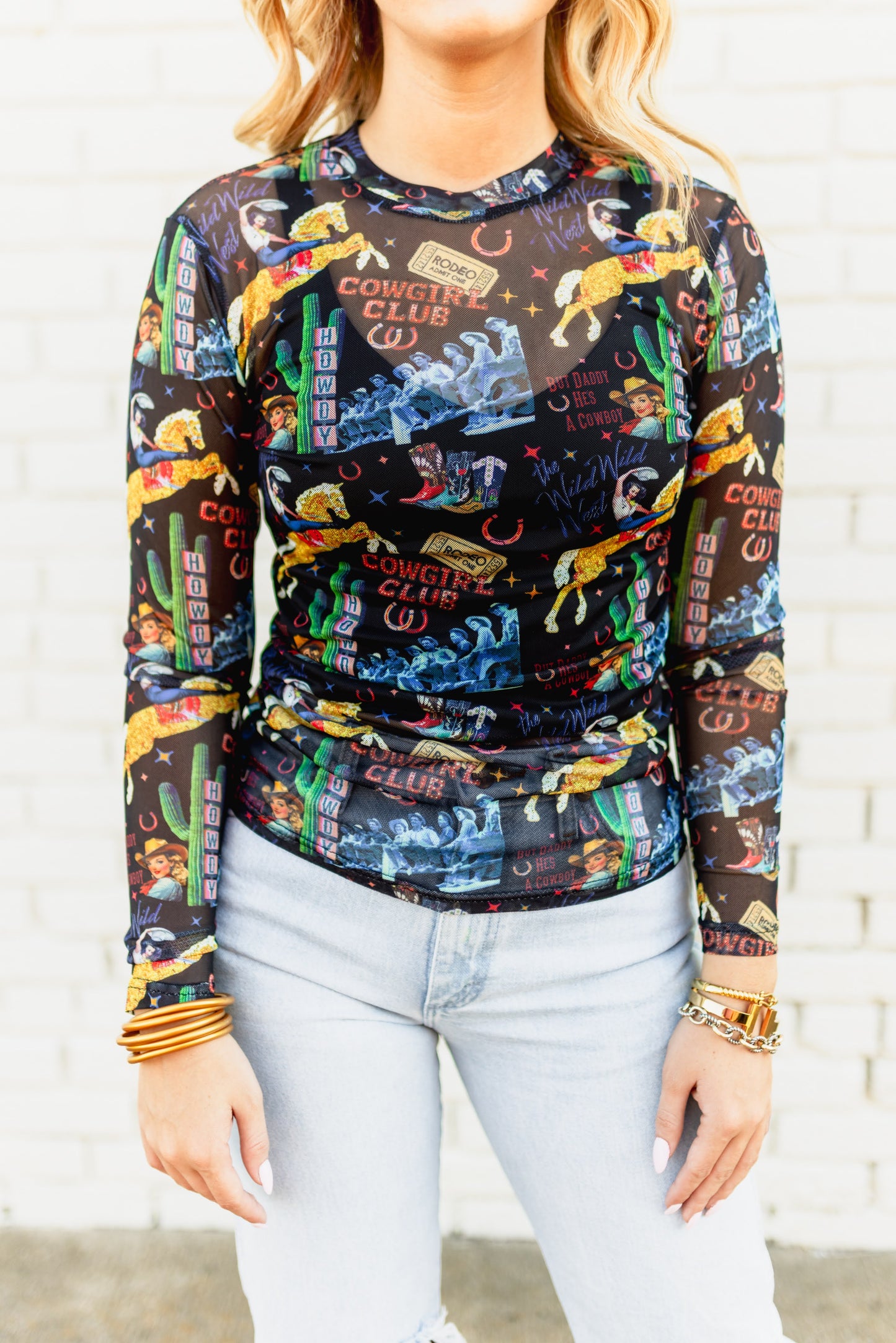 TH1221 BLACK COWGIRL COLLAGE MESH TOP(7 Piece)