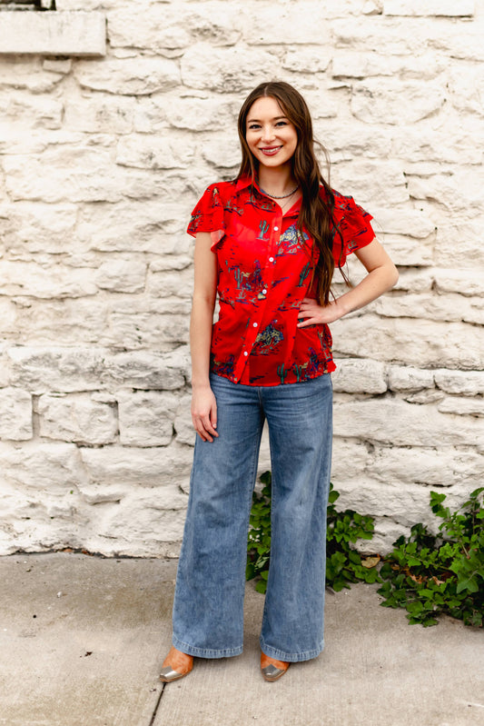 TH198 RED COWBOY DOUBLE FLUTTER BLOUSE (7 Piece)