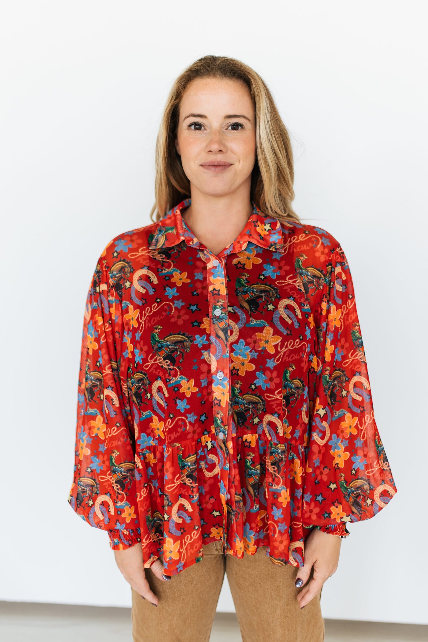 TH25 RED YEEHAW RUFFLE MESH BLOUSE (7 Piece)