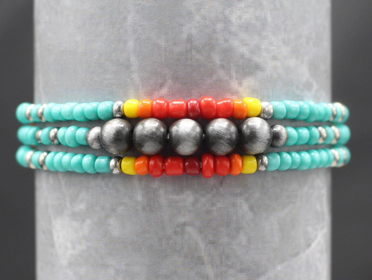 0081 (1) 3 SET TURQ CYLINDER SEED BEAD STRETCH BRA