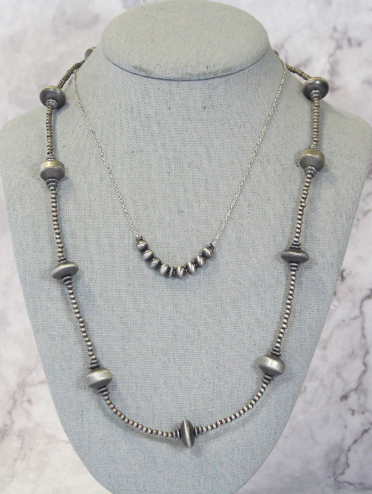 0920 H191 TWO LAYER FAUX BURNISHED SILVER BEAD AND CHAIN NL
