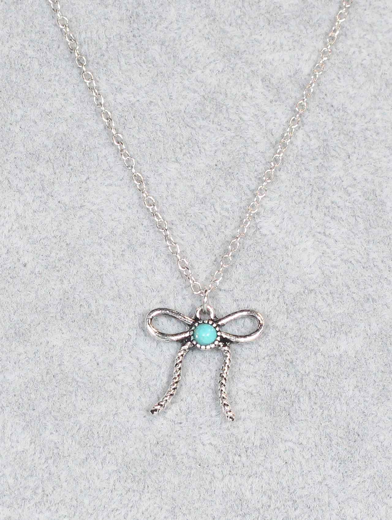 1364 T27 Antique Silver Ribbon Pendant Necklace with Turquoise Center