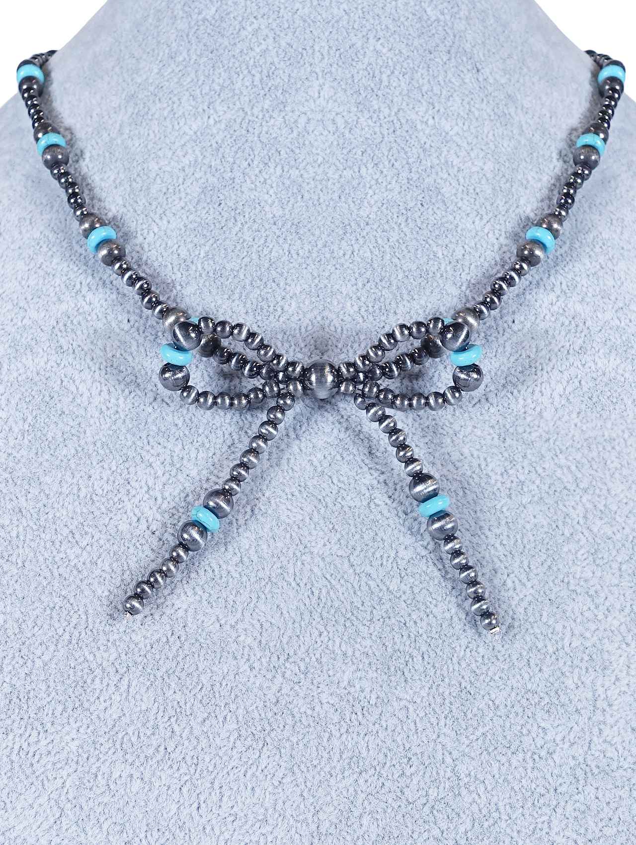 1500 HH237 BOW FAUX SILVER TURQ NECKLACE
