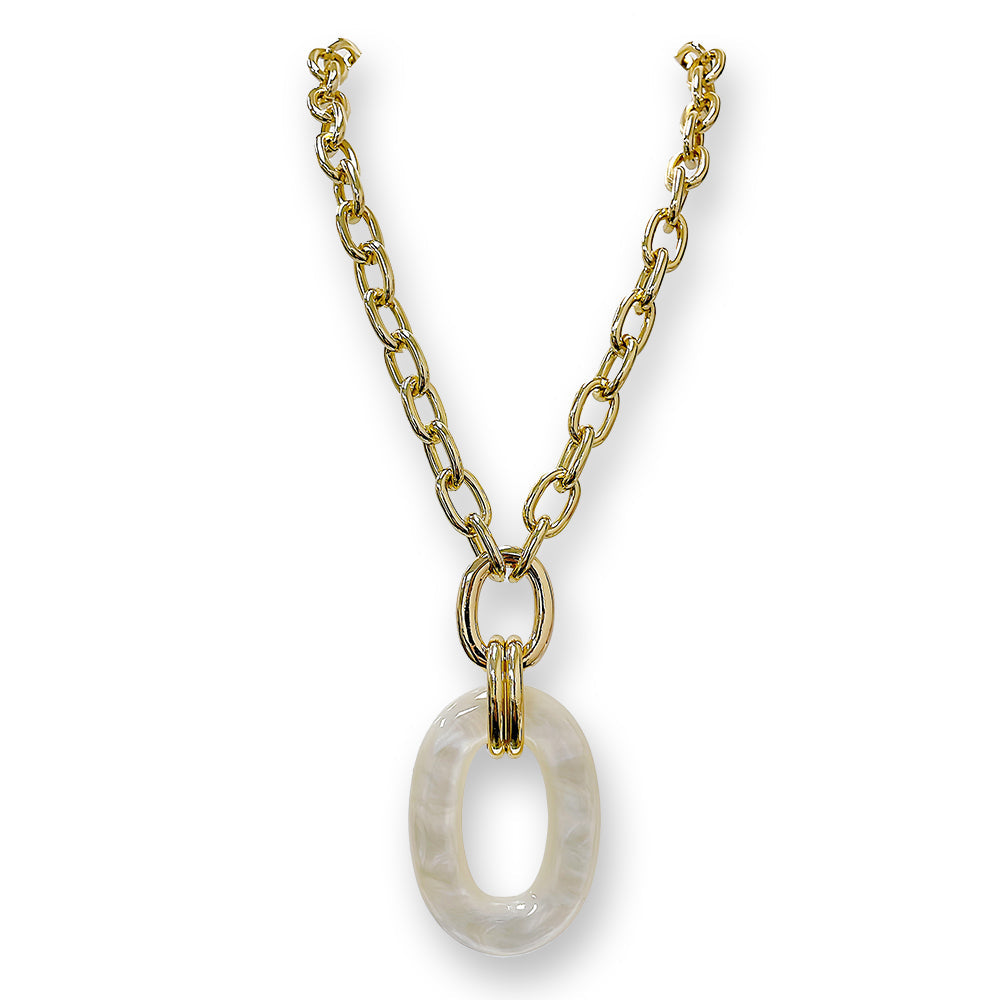 1168 H110 White Acetate Round Pendant Necklace with Gold-Tone Accents