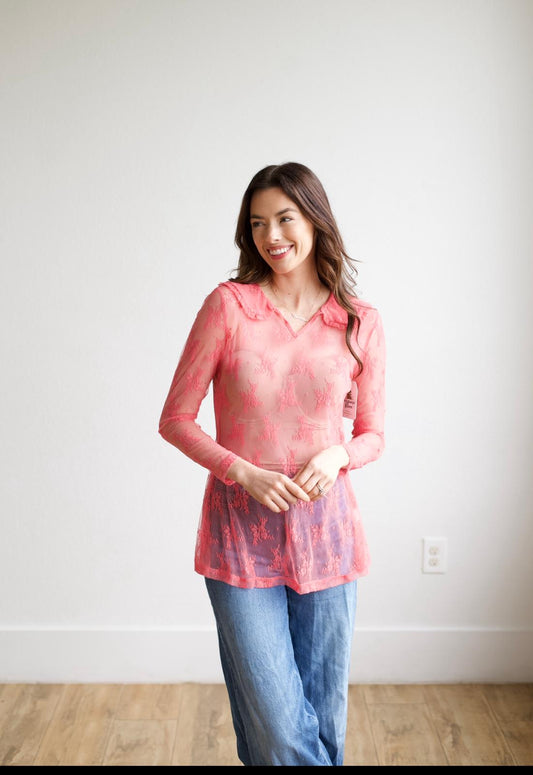 TH73 COLLAR LACE TOP PINK (6 Piece)