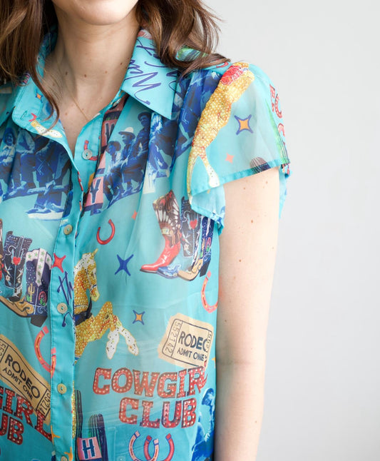 TH199 COWGIRL COLLAGE FLUTTER SLEEVE BLOUSE (7 Piece)